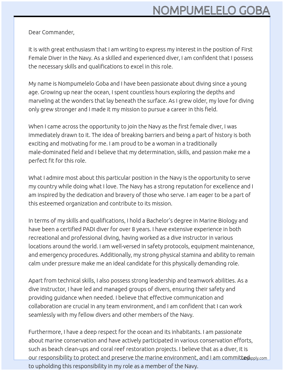 First female diver in the navy  At Navy Cover Letter