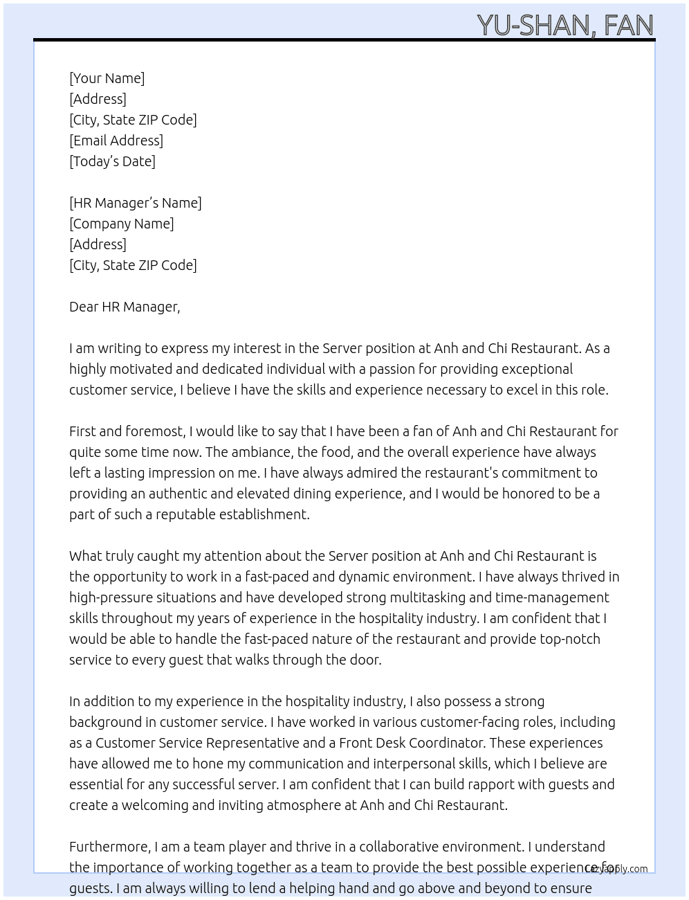 server At Anh and Chi Restaurant Cover Letter