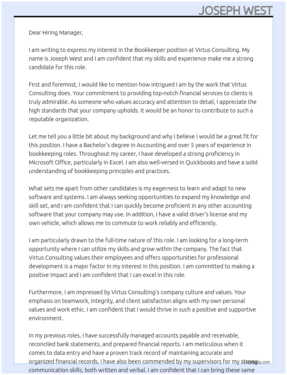 Bookkeeper At Virtus Consulting Cover Letter