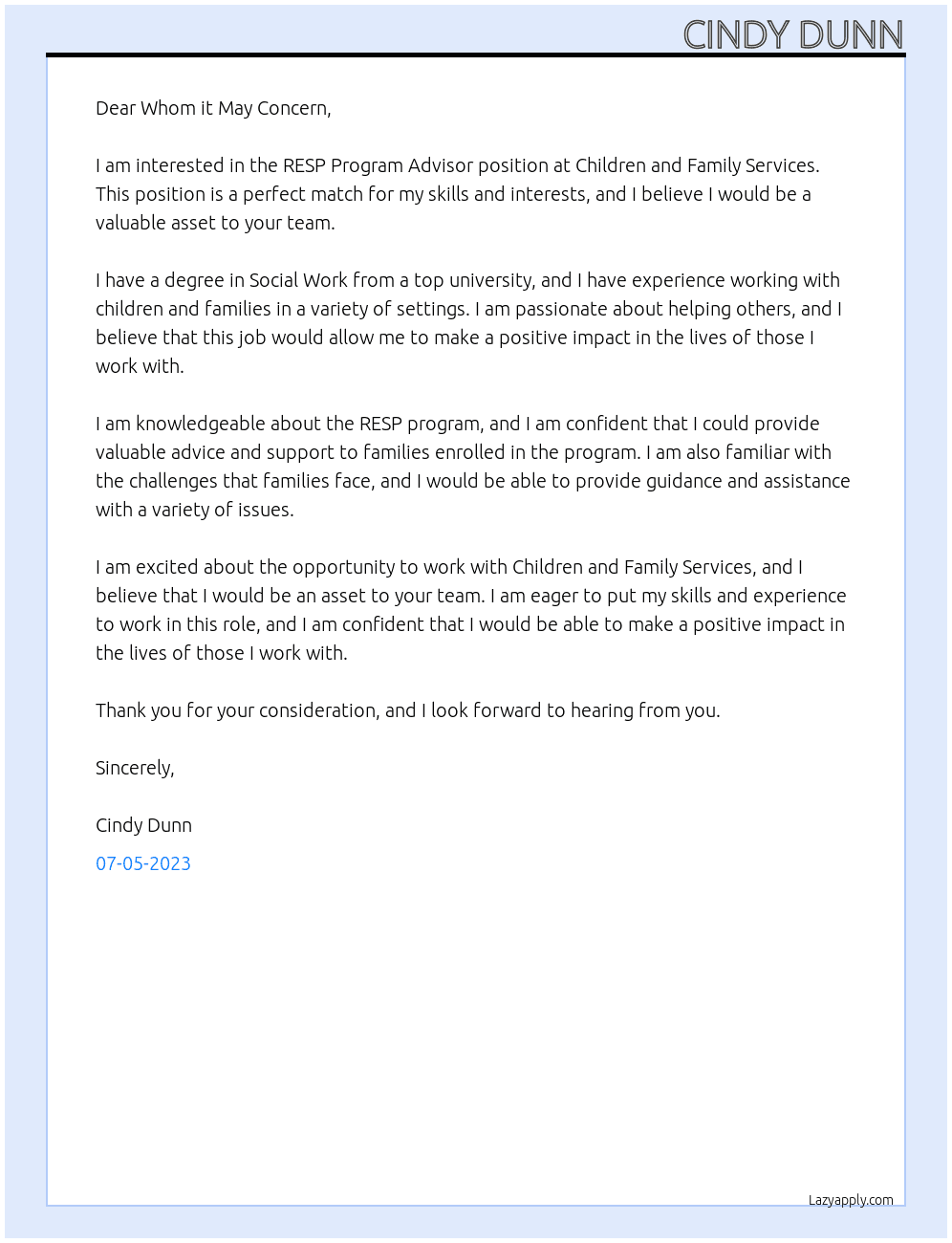 RESP Program Advisor  At Children and Family Services  Cover Letter