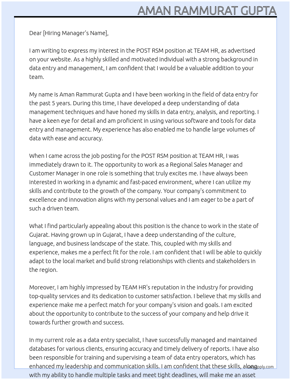 POST RSM At TEAM HR Cover Letter