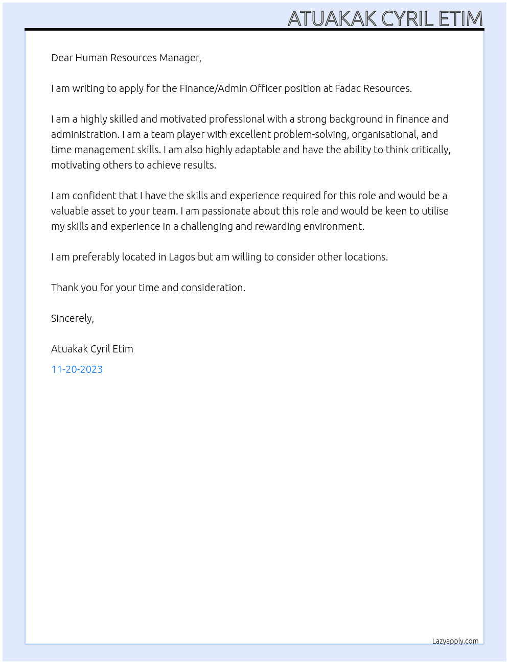 Finance/Admin Officer At Fadac Resources Cover Letter