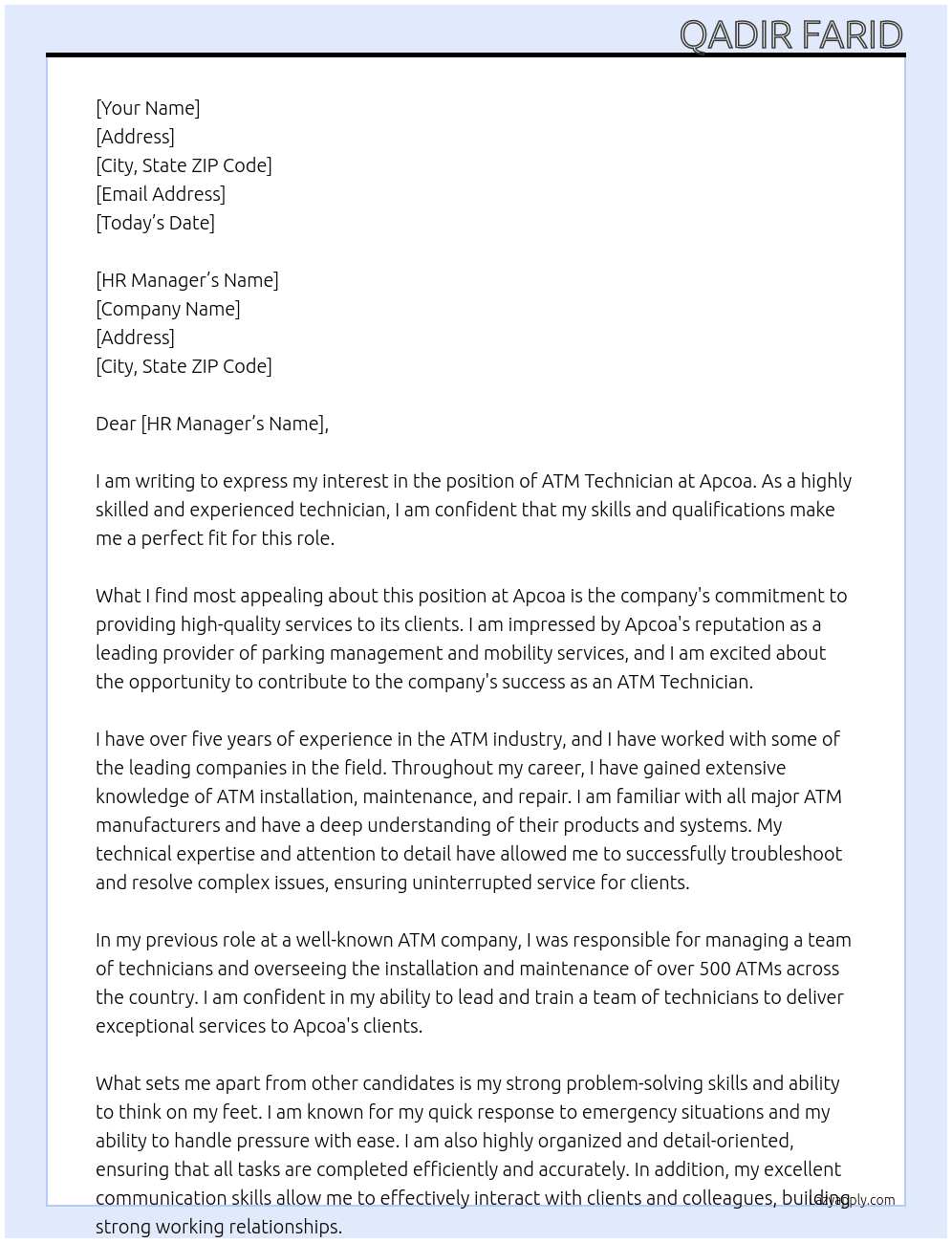 ATM Technician At Apcoa  Cover Letter