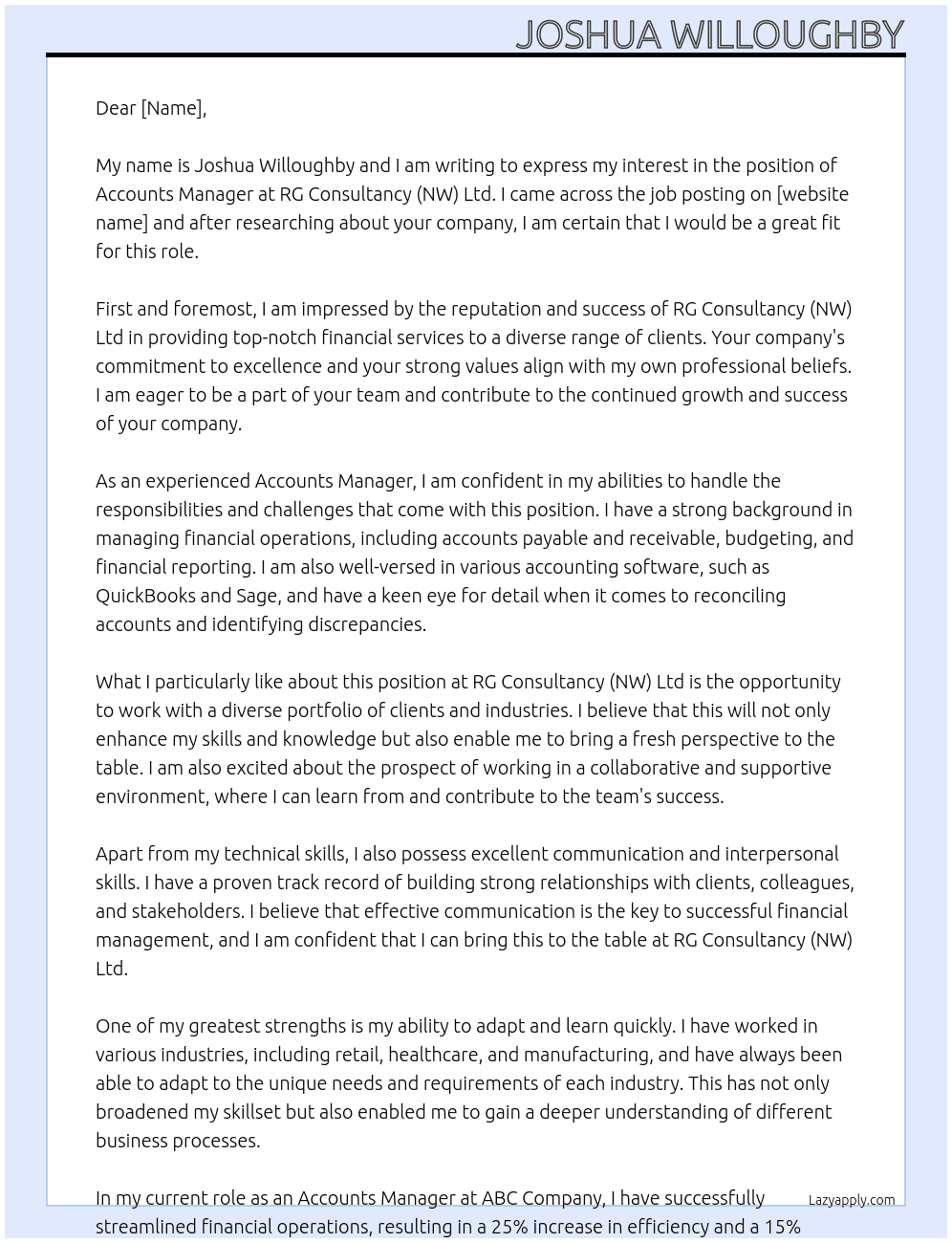 Accounts Manager At RG Consultancy (NW) Ltd Cover Letter