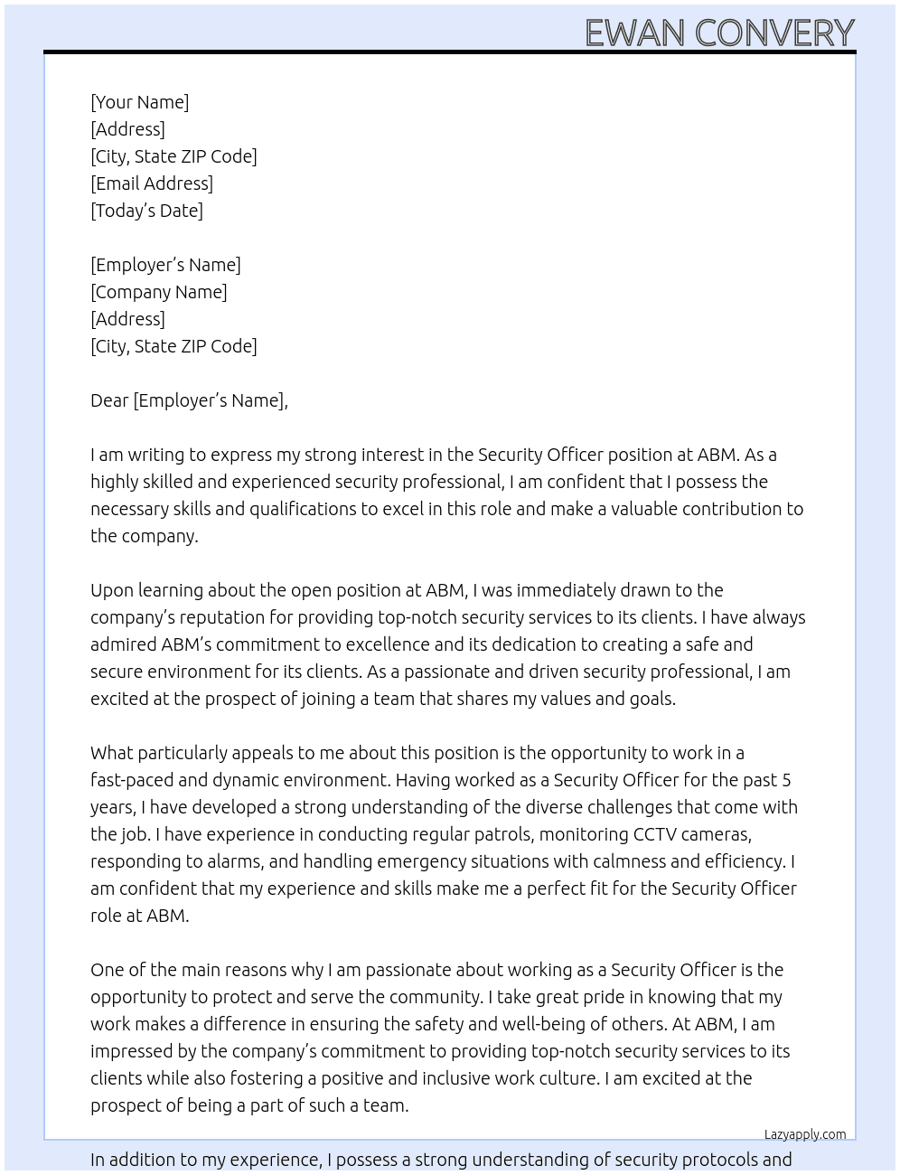 Security Officer At ABM Cover Letter