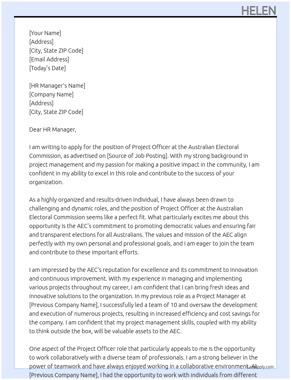  Project Officer At Australian Electoral Commission Cover Letter