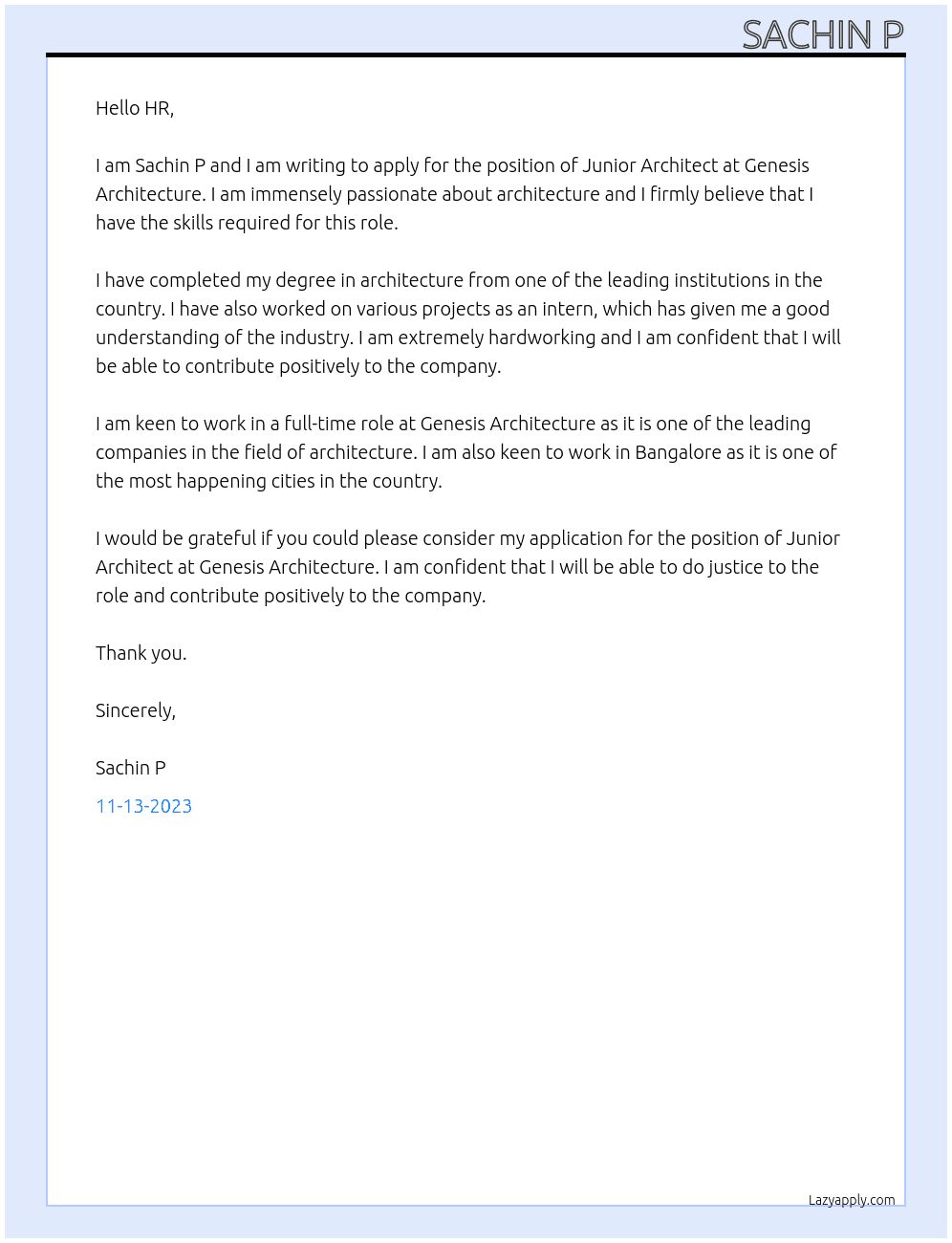 Junior architect  At Genesis Architecture  Cover Letter