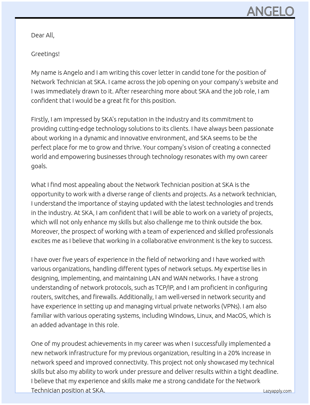 Network Technician At SKA  Cover Letter