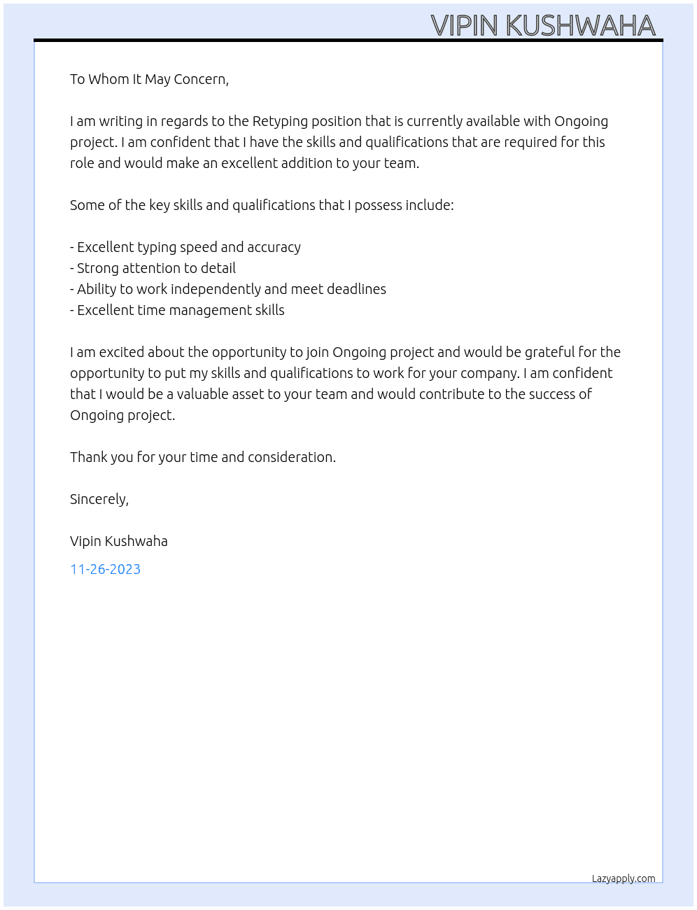 Retyping  At Ongoing project Cover Letter