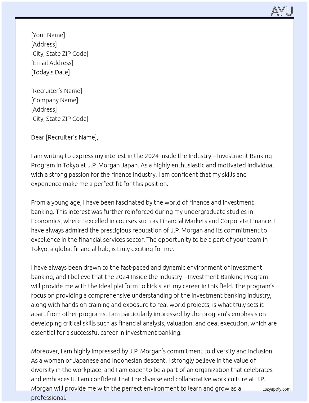 2024 Inside the Industry – Investment Banking Program - Tokyo At J.P. Morgan Japan Cover Letter
