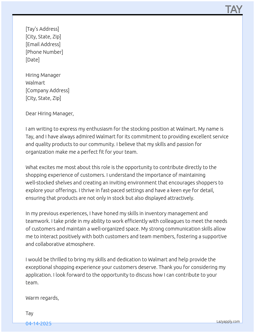 Cover letter for stocking - LazyApply