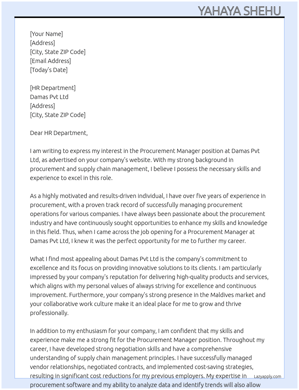 Procurement Manager  At Damas Pvt Ltd Cover Letter