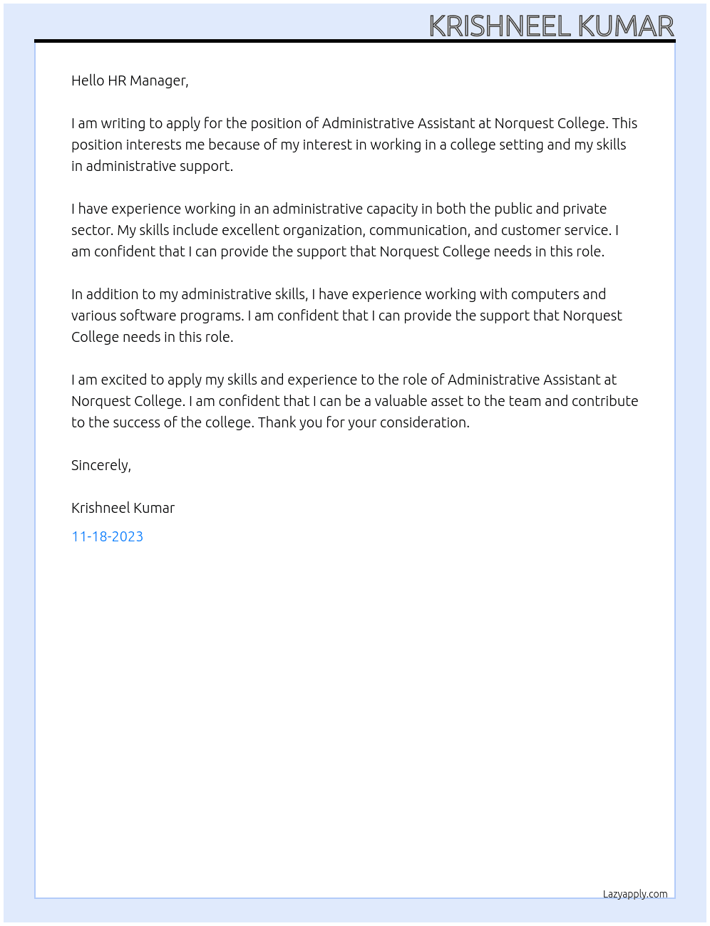 adminstrative assistant At Norquest Collage Cover Letter