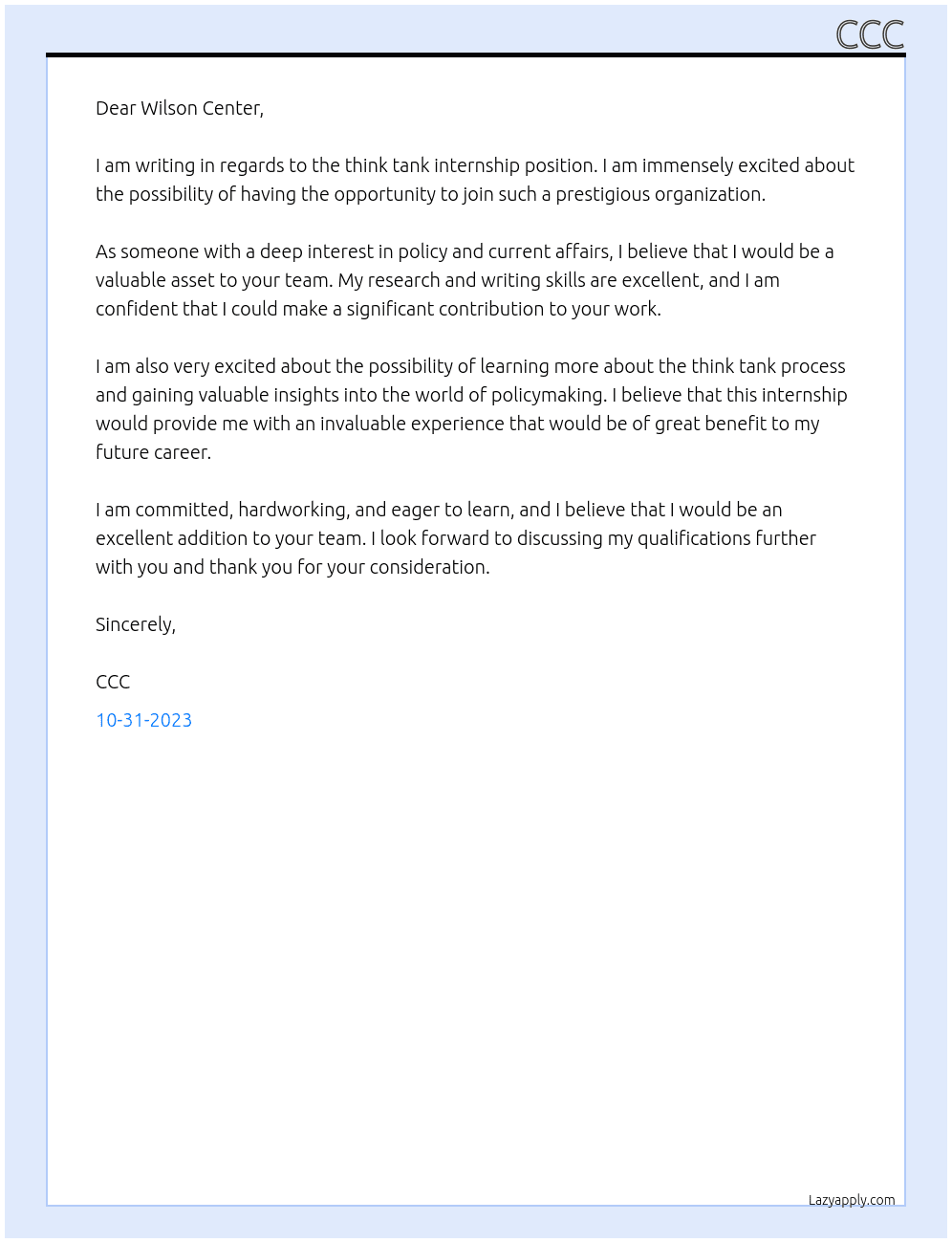 Think Tank intenrship At Wilson centter Cover Letter