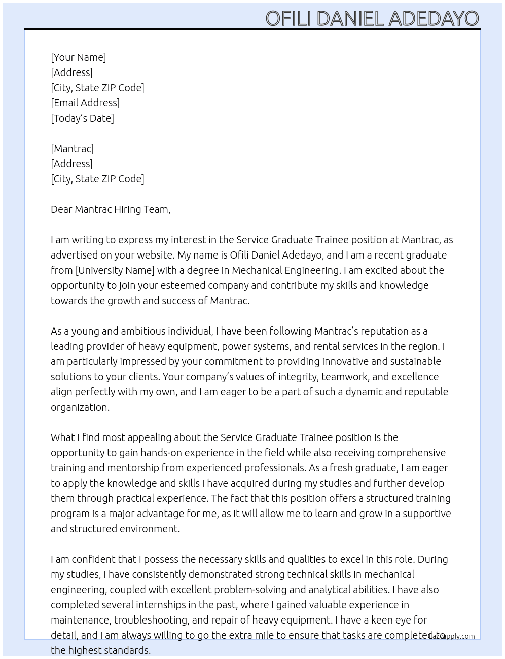Service graduate trainee At Mantrac Cover Letter