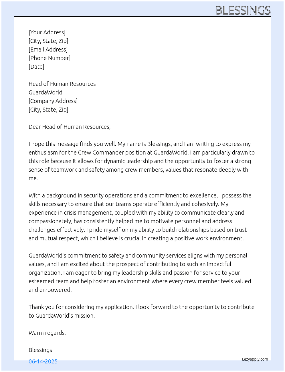 crew commander At GuardaWolrd Cover Letter