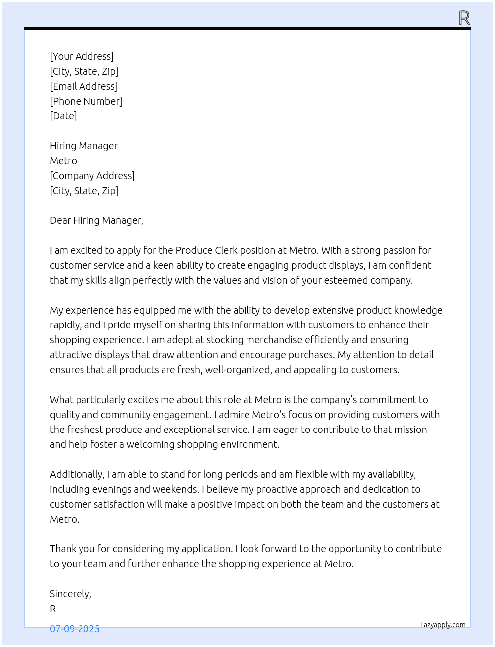 Produce Clerk At Metro Cover Letter