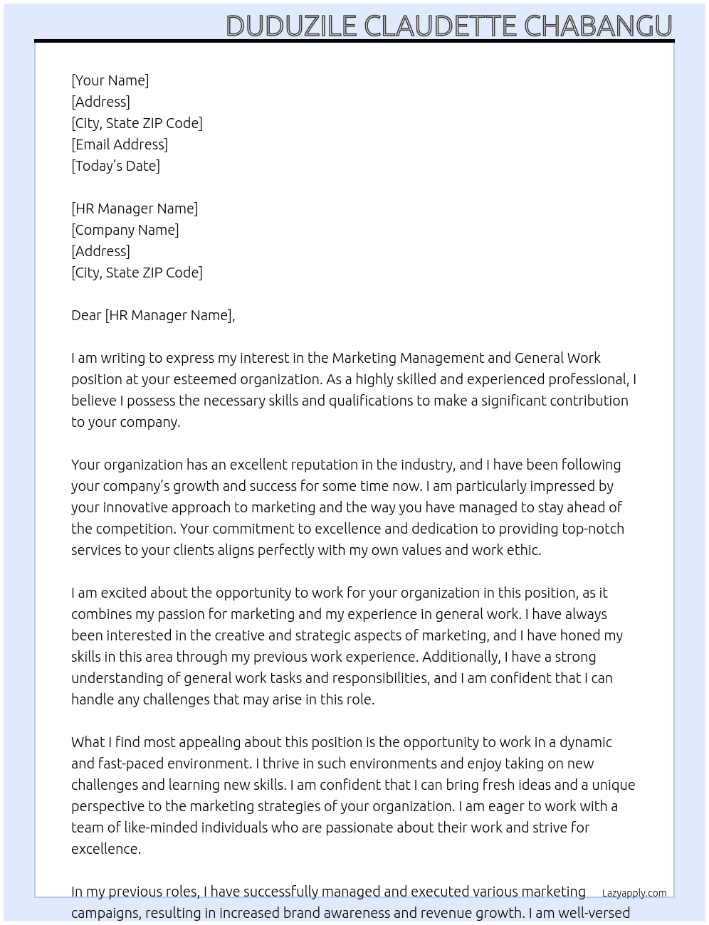 Cover letter for marketing management and general work - LazyApply