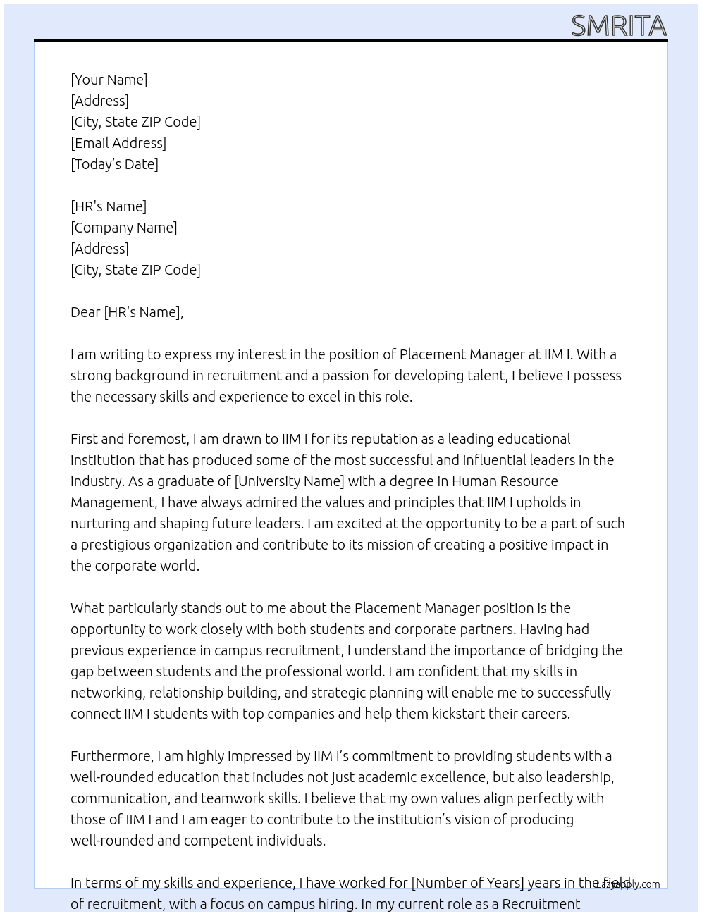 PLACEMENT MANGER At IIM I Cover Letter