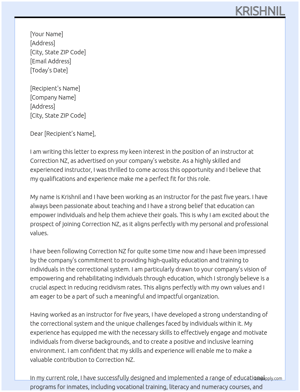 instructor At correction nz Cover Letter