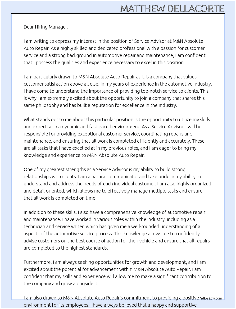 Service Advisor At M&N Absolute Auto Repair Cover Letter