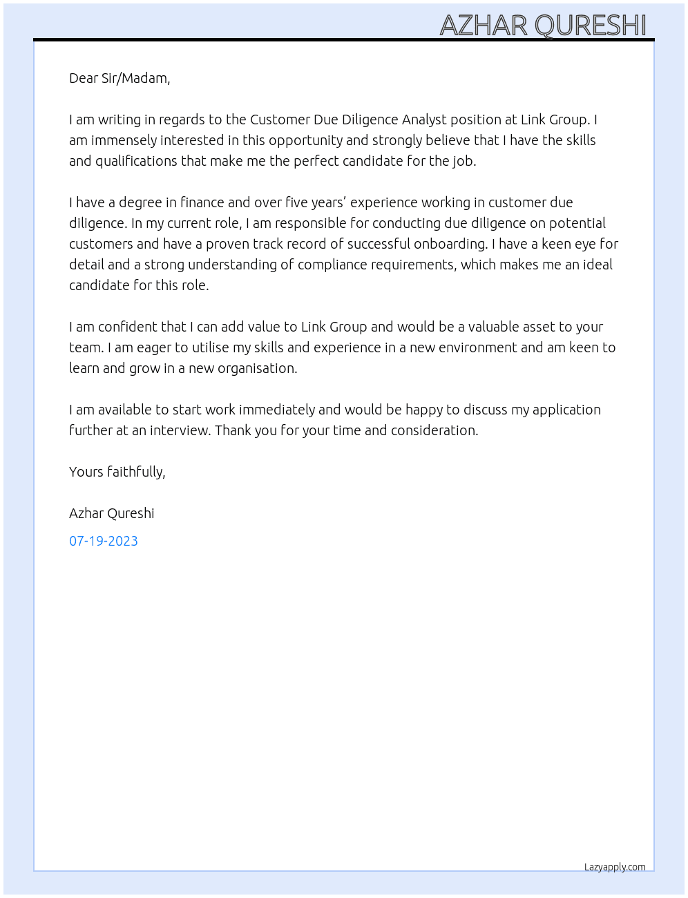 Customer Due Diligence Analyst  At Link Group  Cover Letter