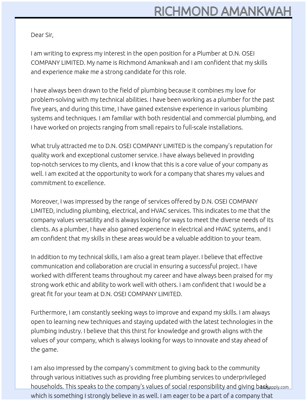 Plumber At D.N. OSEI COMPANY LIMITED Cover Letter