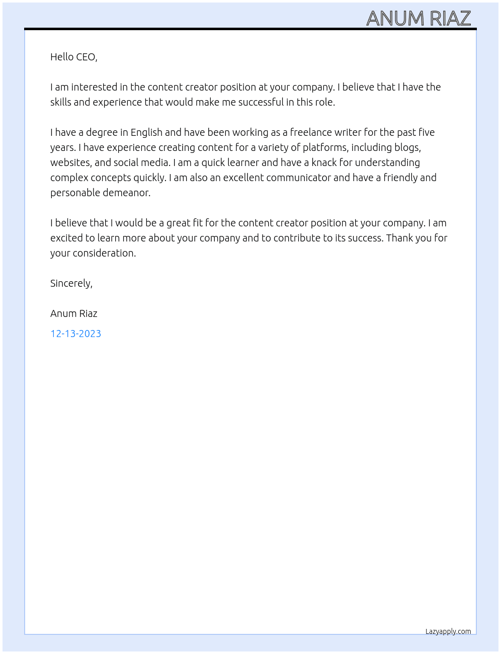 content creator  At web developers  Cover Letter