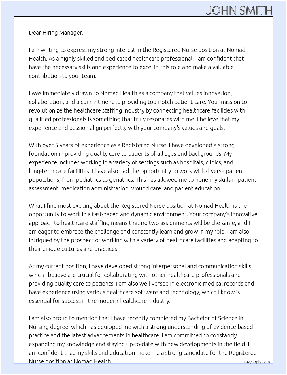 Registered Nurse At Nomad Health Cover Letter