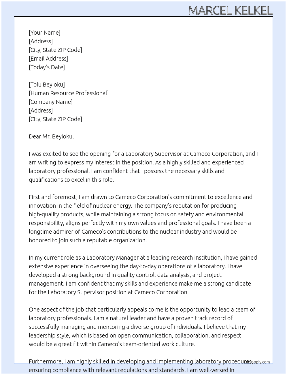 Laboratory Supervisor At Cameco Corporation Cover Letter