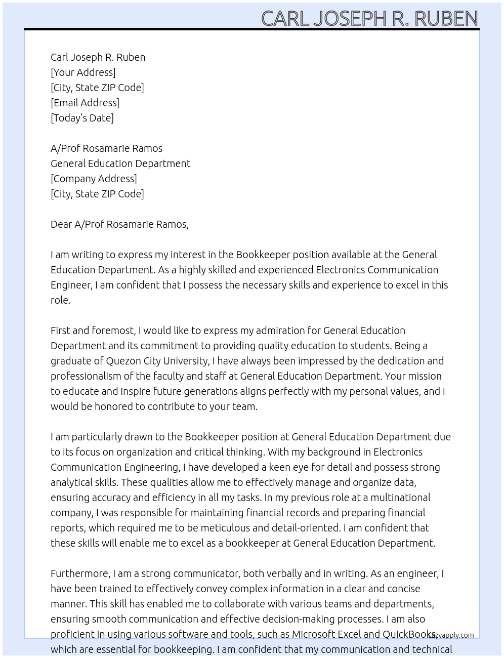 Book keeper  At General Education Department  Cover Letter