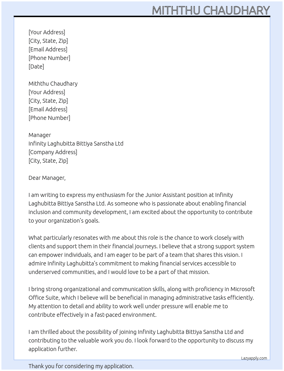 Junior Assistant At infinity laghubitta bittiya sanstha ltd Cover Letter