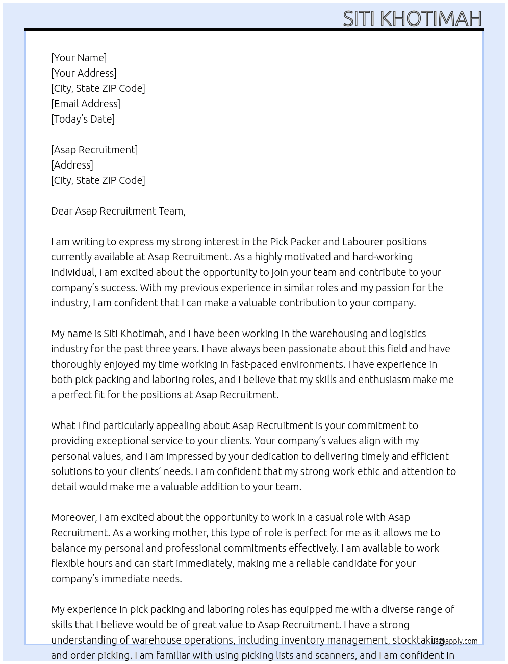 Pick packer and Labourers At Asap recruitment Cover Letter
