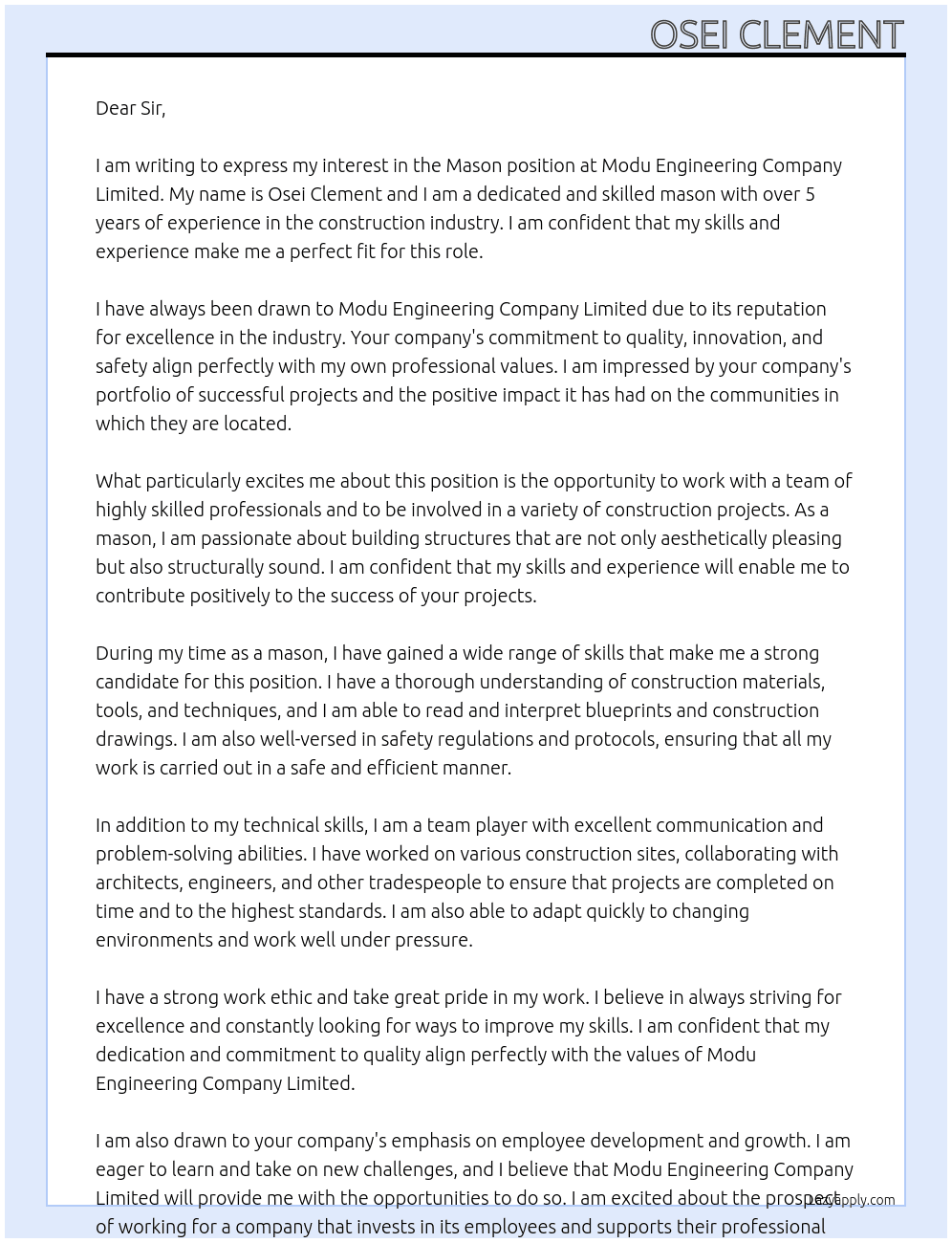 Mason  At Modu Engineering company Limited Cover Letter
