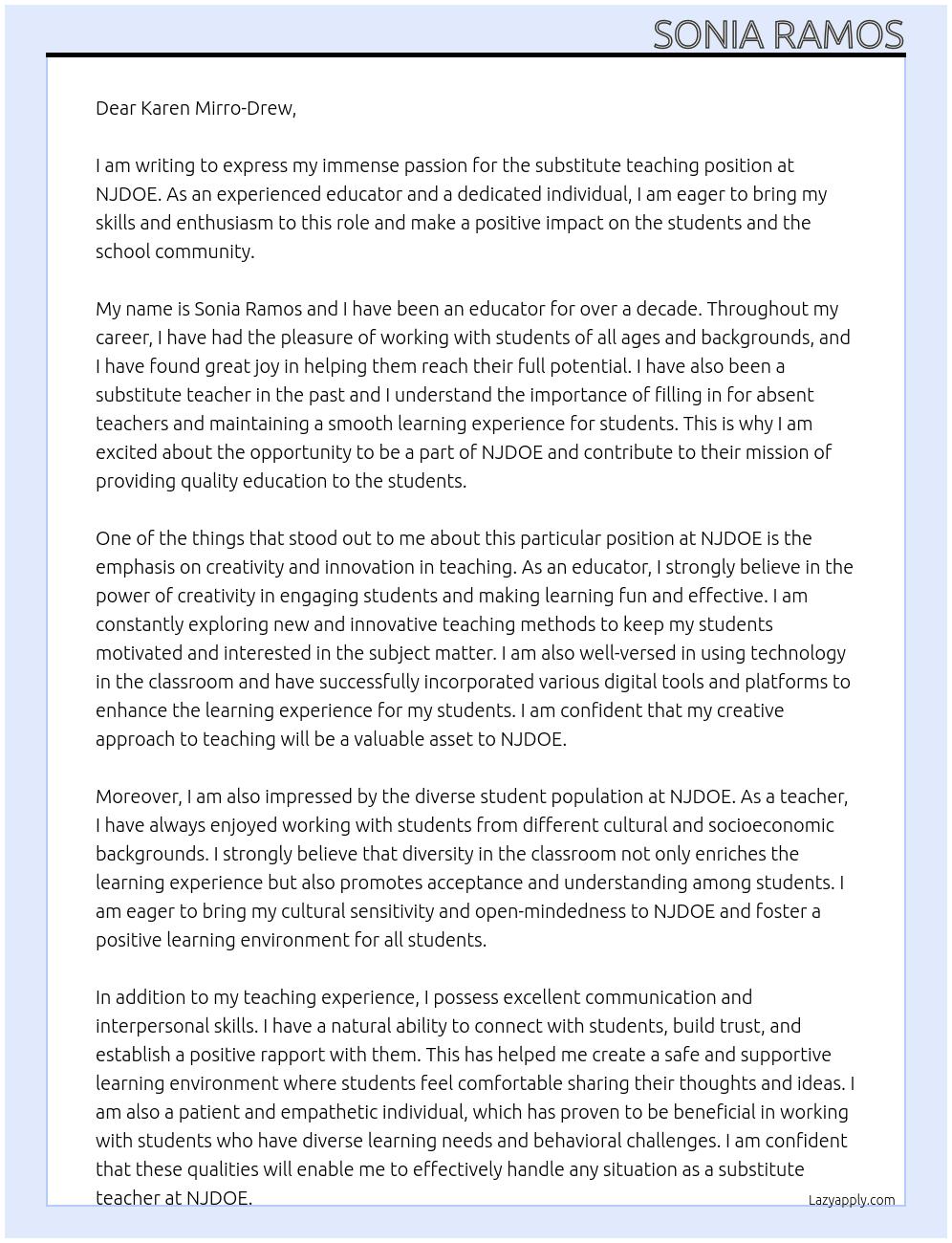 Substitute Teacher At NJDOE Cover Letter