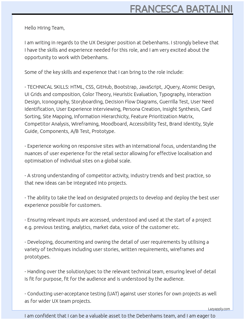 Ux Designer At Debenhams Cover Letter