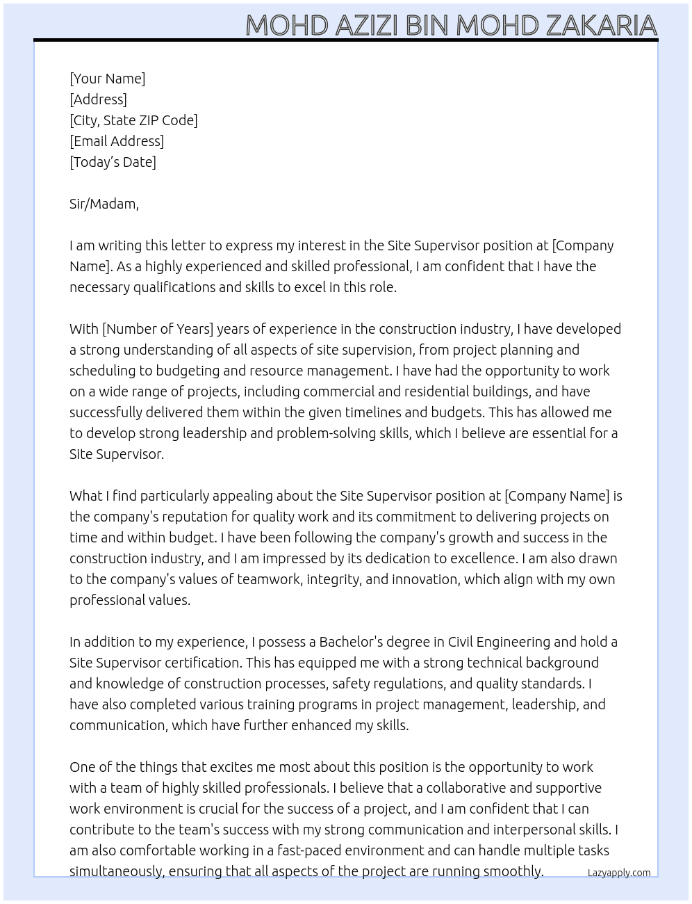 site supervisor At company Cover Letter