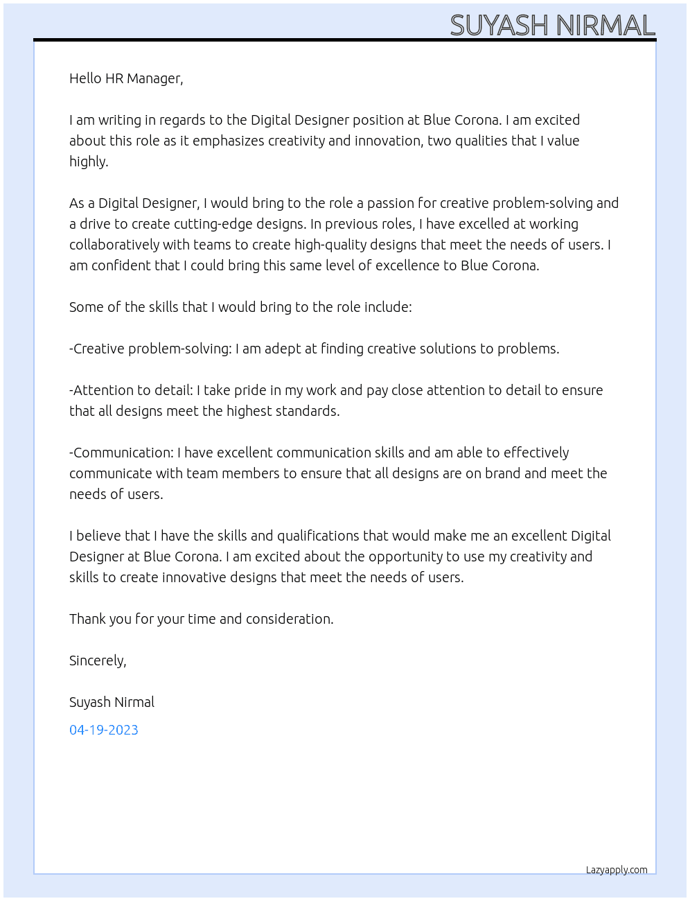 Digital Designer At Blue corona  Cover Letter