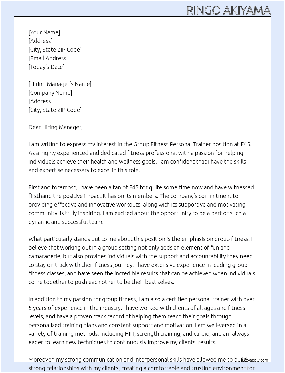 Group Fitness Personal Trainer At F45 Cover Letter