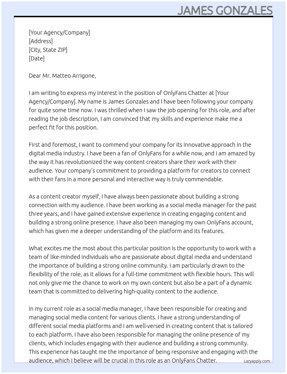 OnlyFans Chatter At Your Agency/Company Cover Letter