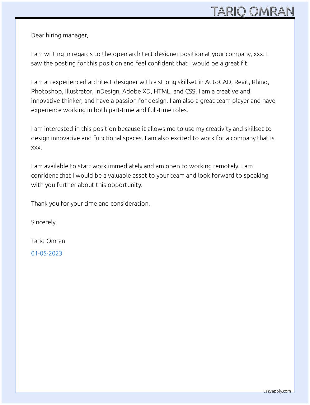 architect designer At xxx Cover Letter