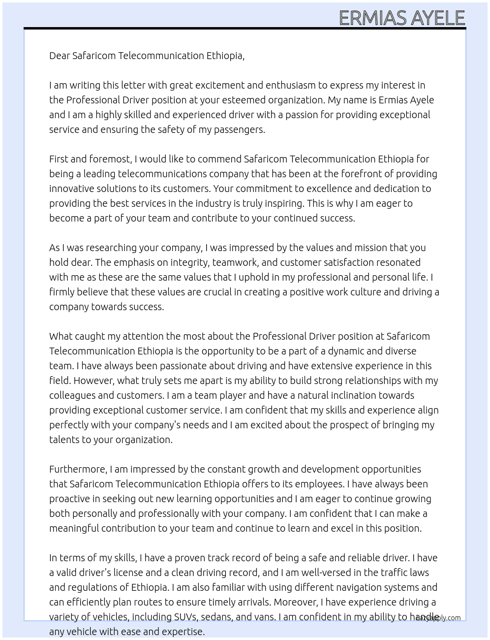 Profesional Driver  At Profesional CEO Driver Cover Letter