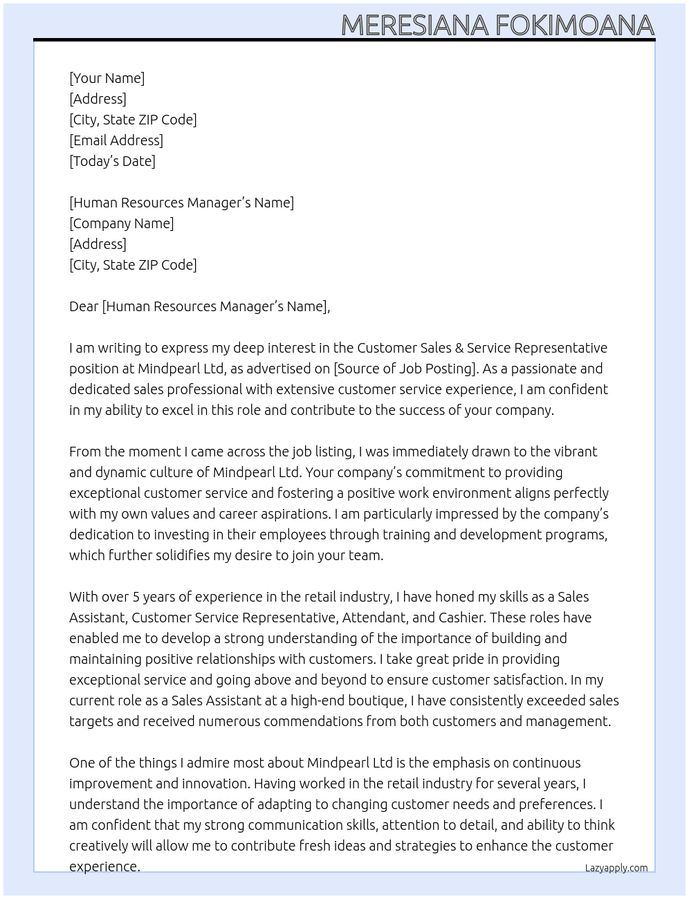 Customer Sales & Service Representative At Mindpearl Ltd Cover Letter