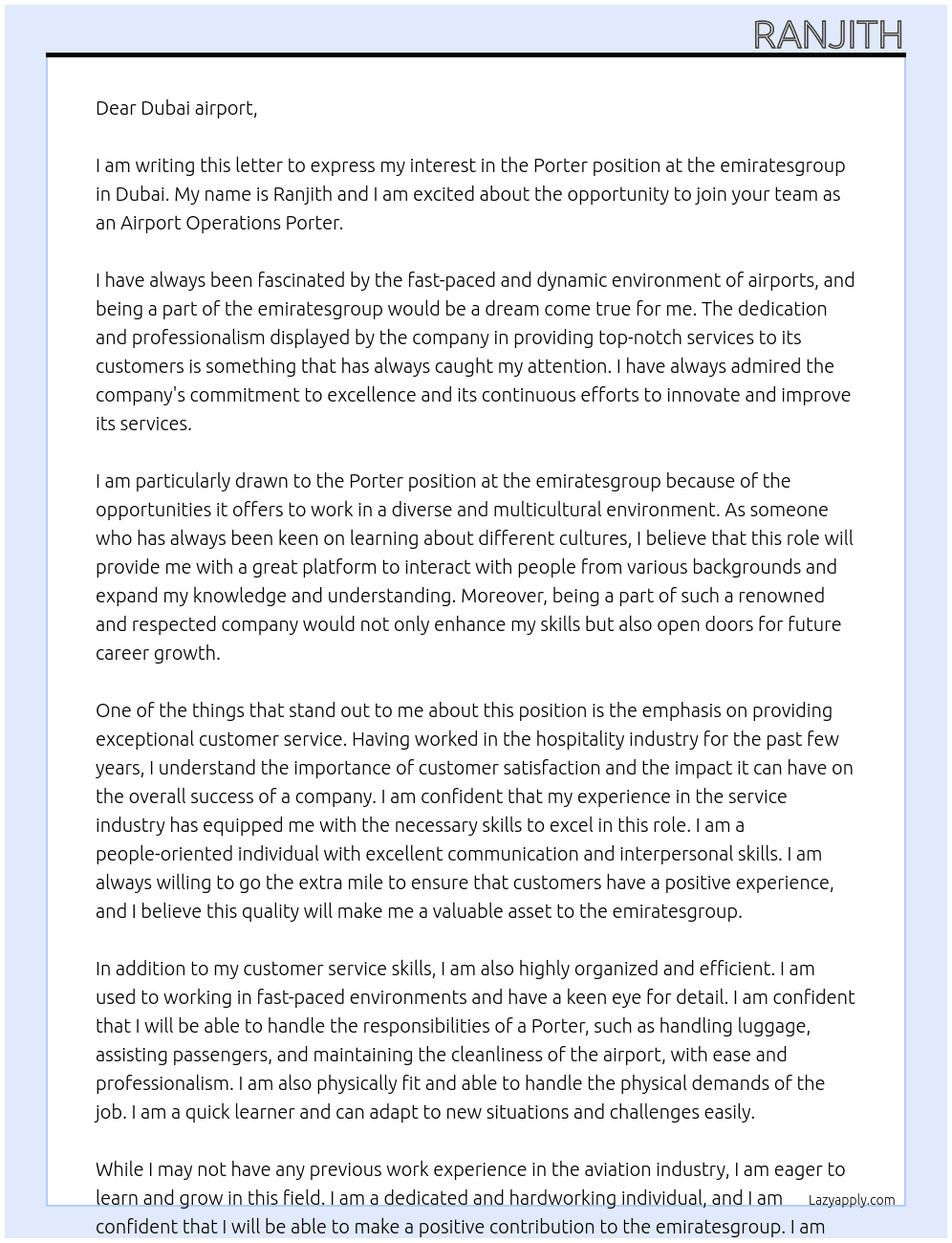 Porter At emiratesgroup  Cover Letter