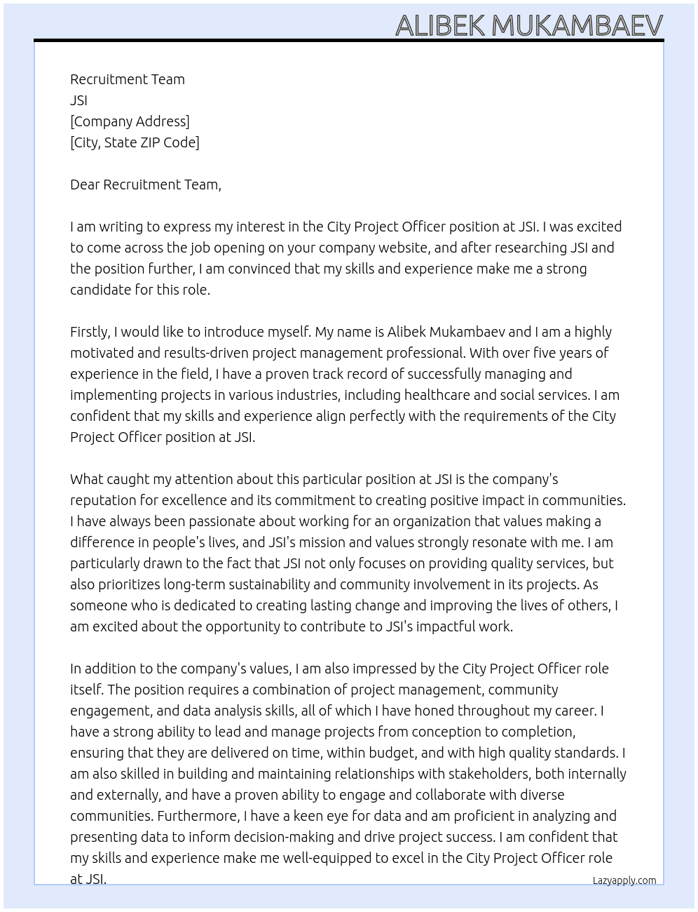 Cover letter for city project officer - LazyApply