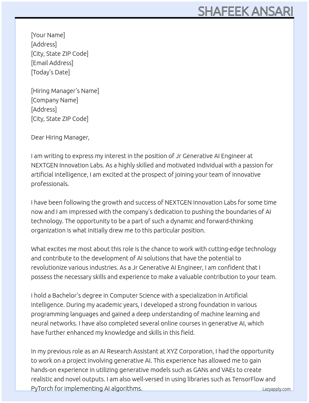 jr GENRATIVE AI engineer At NEXTGEN Innovation Labs Cover Letter