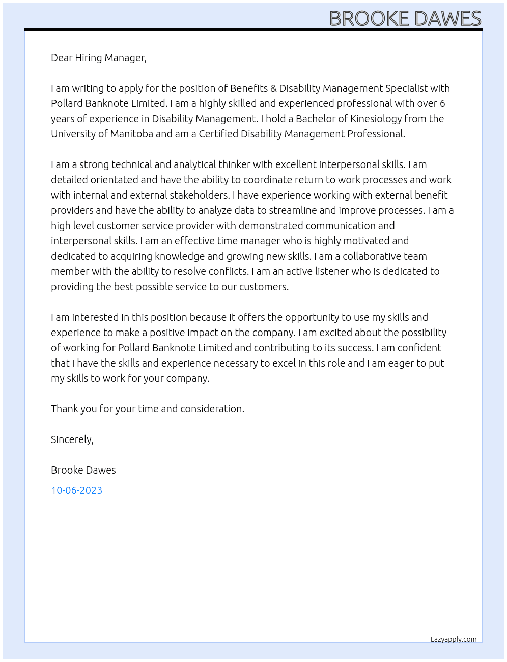 Benefits & Disability Management Specialist At Pollard Banknote Limited Cover Letter