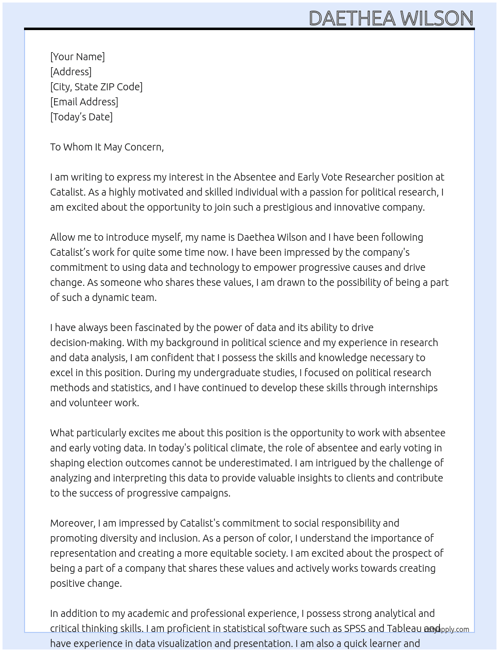 Absentee and Early Vote Researcher At Catalist Cover Letter