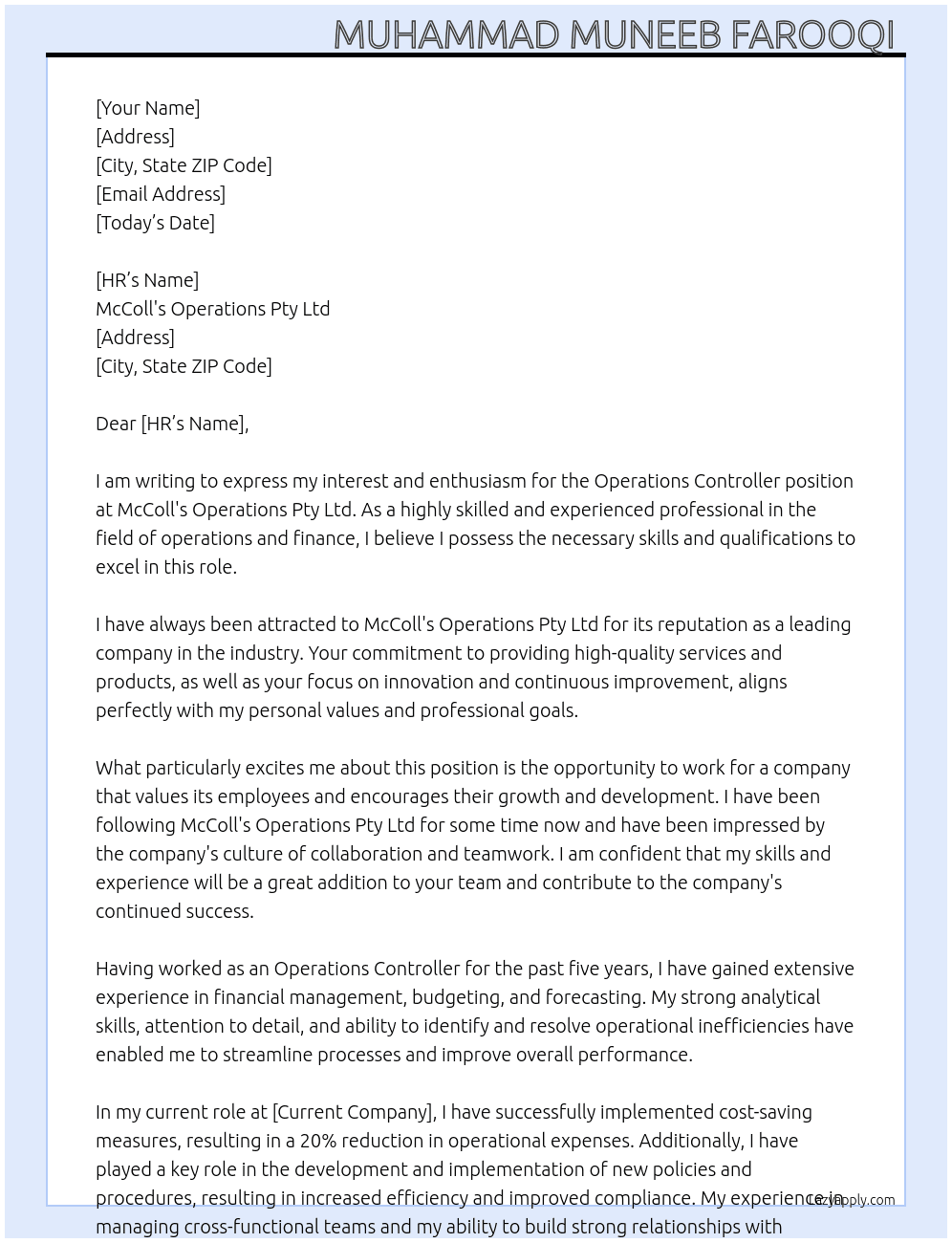 Operations controller  At MCCOLL'S OPERATIONS PTY LTD Cover Letter