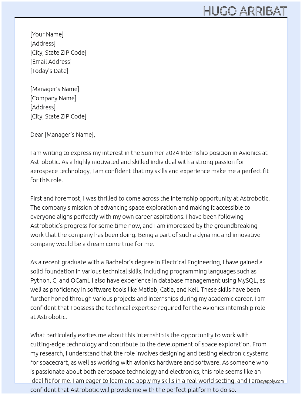 Summer 2024 Internship- Avionics At Astrobotic Cover Letter
